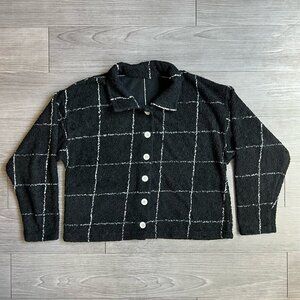 Vintage Back & White Grid Shacket Button Down Cardigan Collared Size L